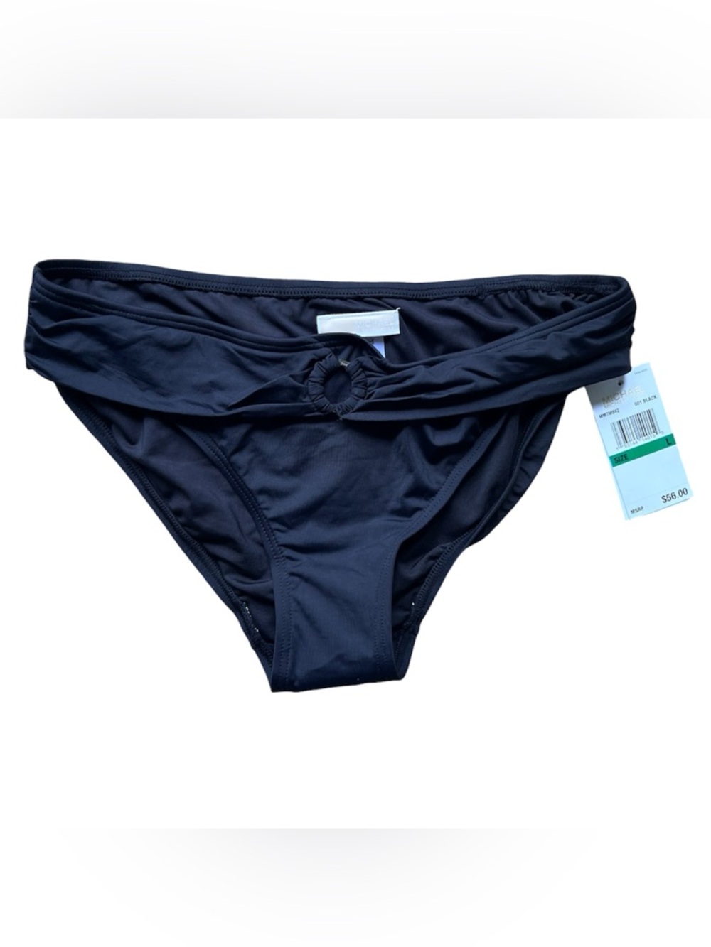 MICHAEL Michael Kors women’s Large Black Logo-Ring Ruched Bikini Bottoms
